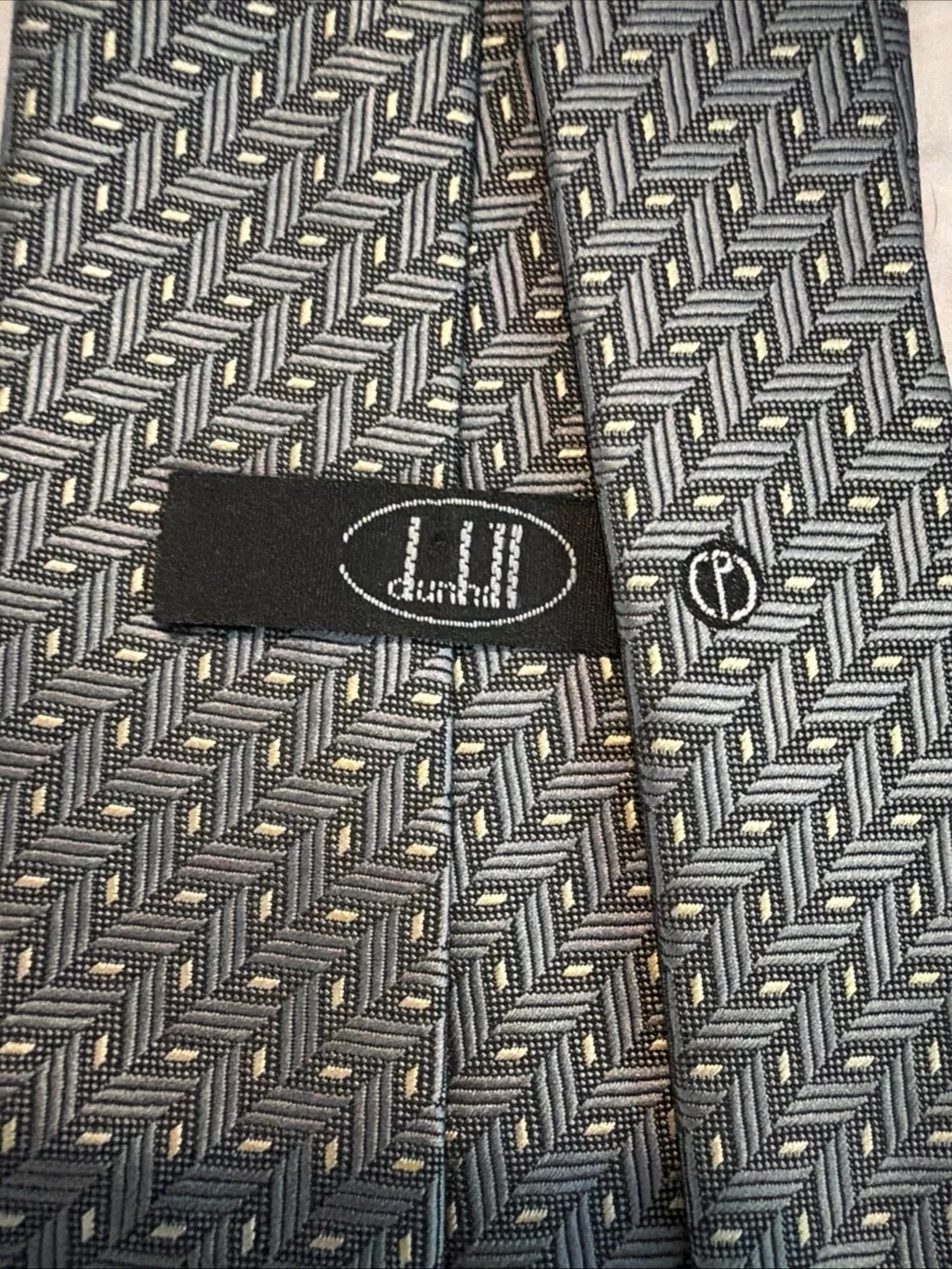 Lot Of Two Dunhill Silk Neck Ties Geometric Pattern Blue Yellow d Logo